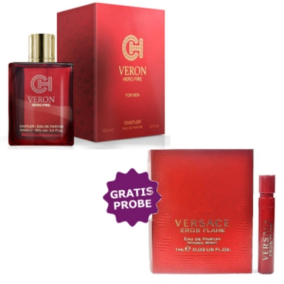 Chatler Veron Hero Fire 100 ml + Perfume Sample Spray Versace Eros Flame