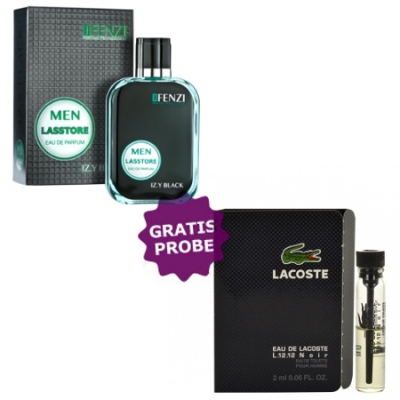 JFenzi Lasstore Izy Black 100 ml + Perfume Sample Spray Lacoste L.12.12 Noir