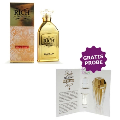 Blue Up Rich Gold Women 100 ml + Perfume Sample Spray Paco Rabanne Lady Million Eau My Gold