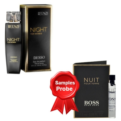 JFenzi Desso Night Women 100 ml + Perfume Sample Spray Hugo Boss Nuit Femme
