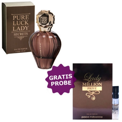 Linn Young Pure Luck Lady Secrets 100 ml + Perfume Sample Spray Paco Rabanne Lady Million Prive