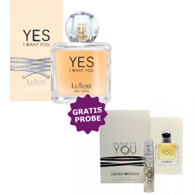 Luxure Yes I Want You 100 ml + Perfume Sample Spray Armani Emporio Because It’s You